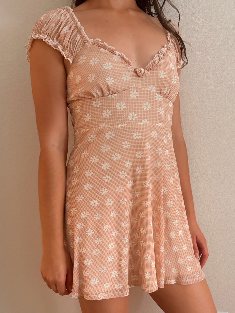 Urban Outfitters Peach Floral Smocked Sleeve Mini Dress